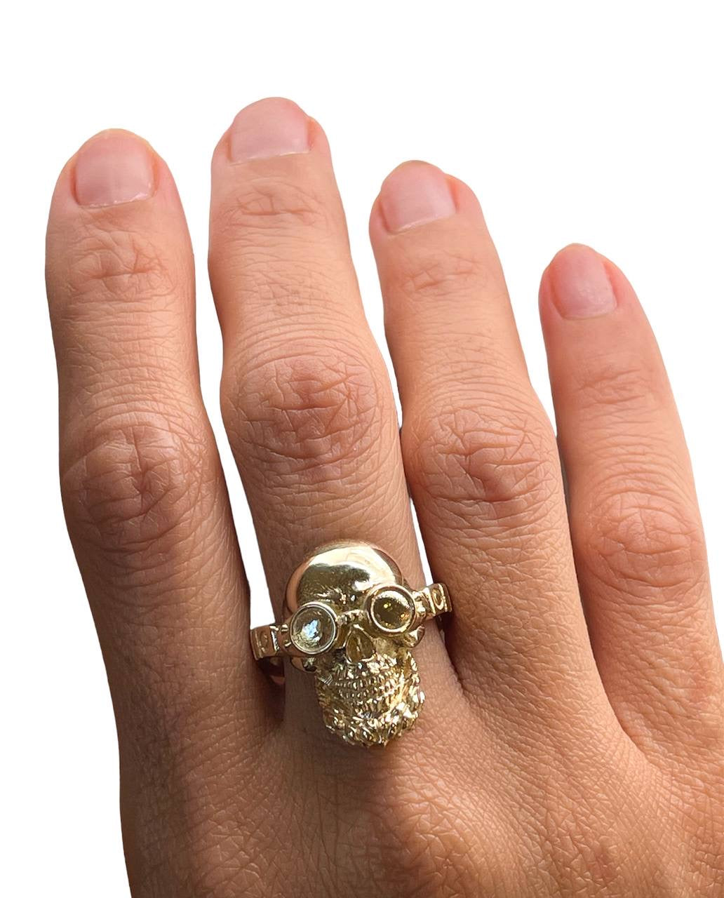 14k Solid Yellow Gold Ride to Death Skull Men's Bikers Ring 9.8 Grams