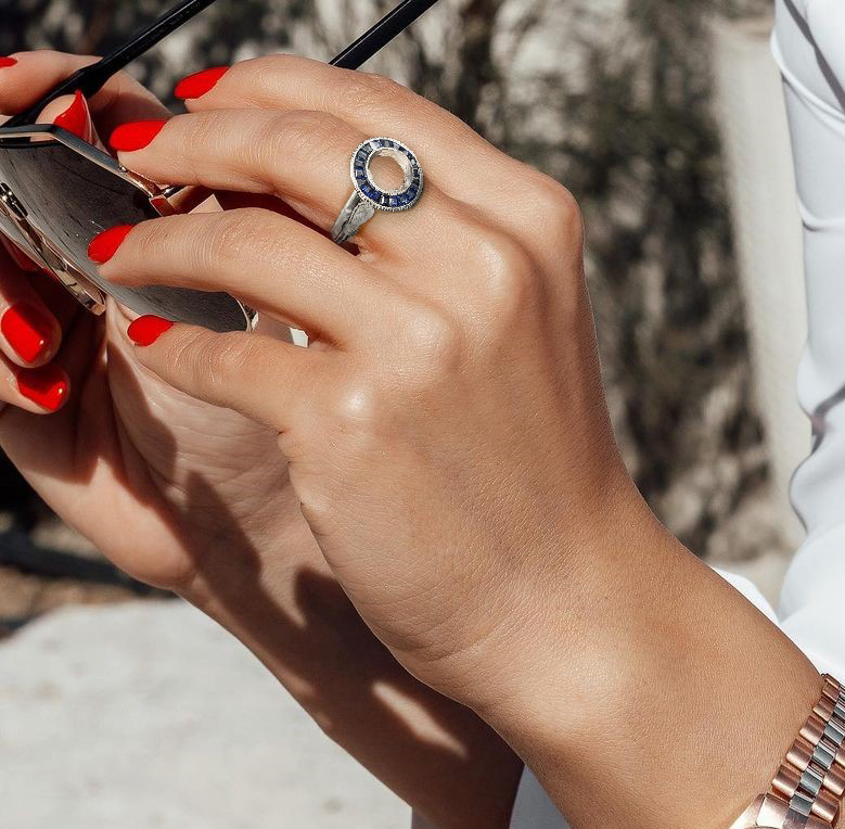 Art Deco 14K White Gold Semi Mount Ring Natural Sapphire & Diamond 1 Ct Round