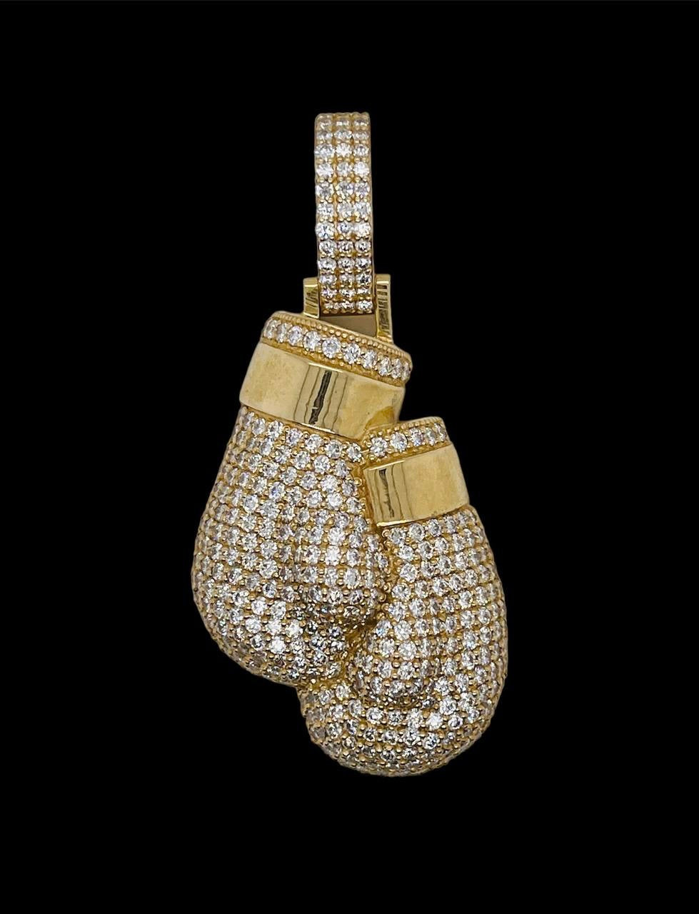 Mens 14k Solid Yellow Gold 5 TCW Natural Diamond Boxing Gloves Pendant VS2