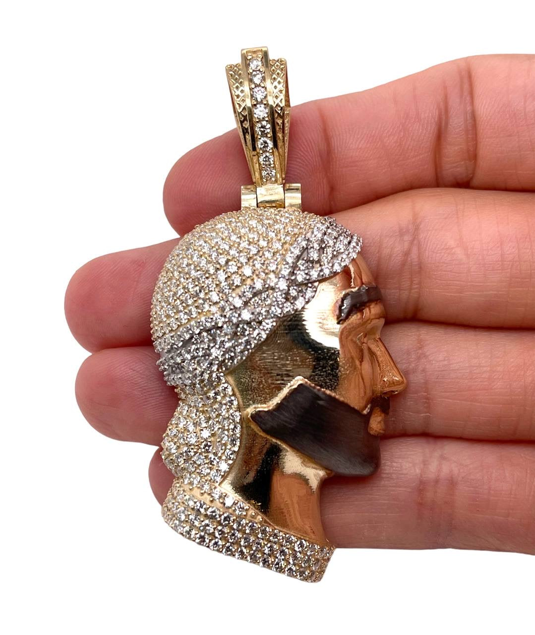 14K Yellow Gold 6.7 Ct Natural Diamond Jesus Face Pendant 2 in