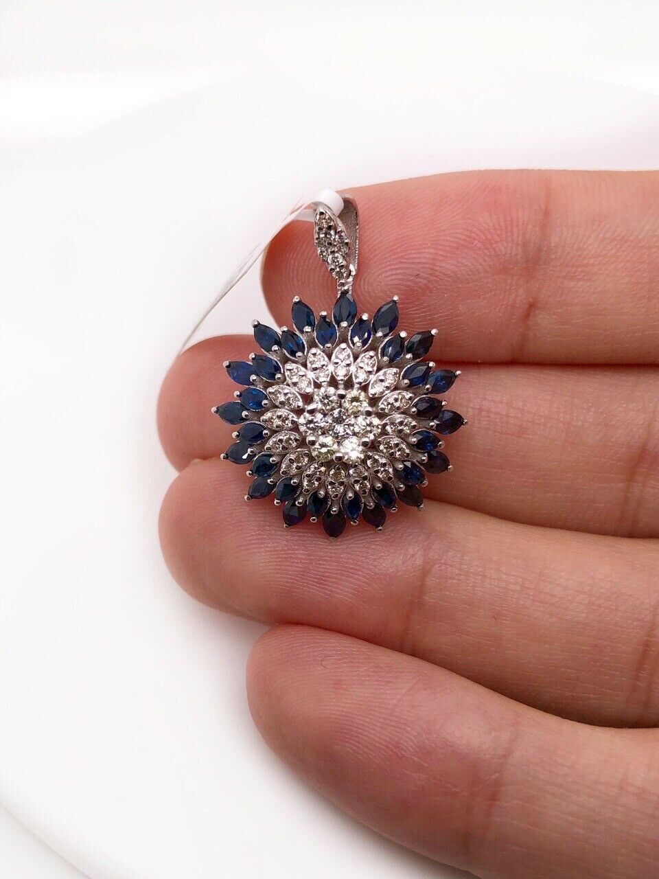 18k White Gold 3.2Ct Natural Marquise Sapphire & Diamond Wide Cluster Pendant