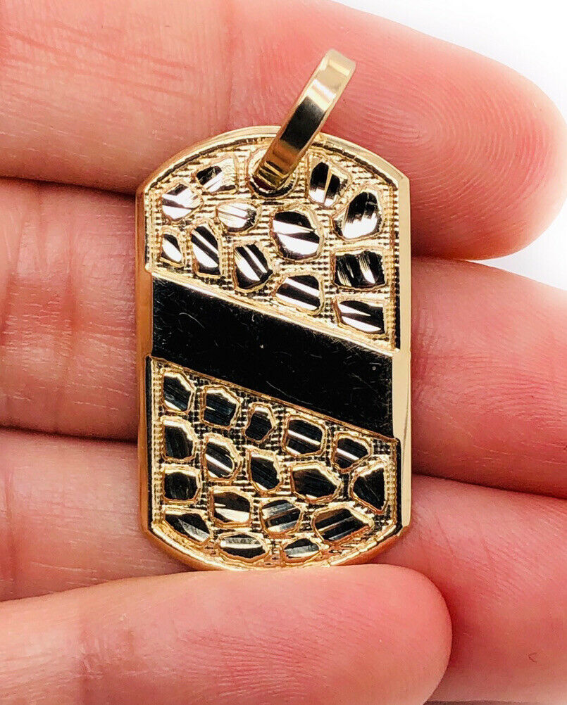Mens 10K Solid Yellow Gold Custom Dog Tag Nugget Pendant, 1.3", 4.5 Grams