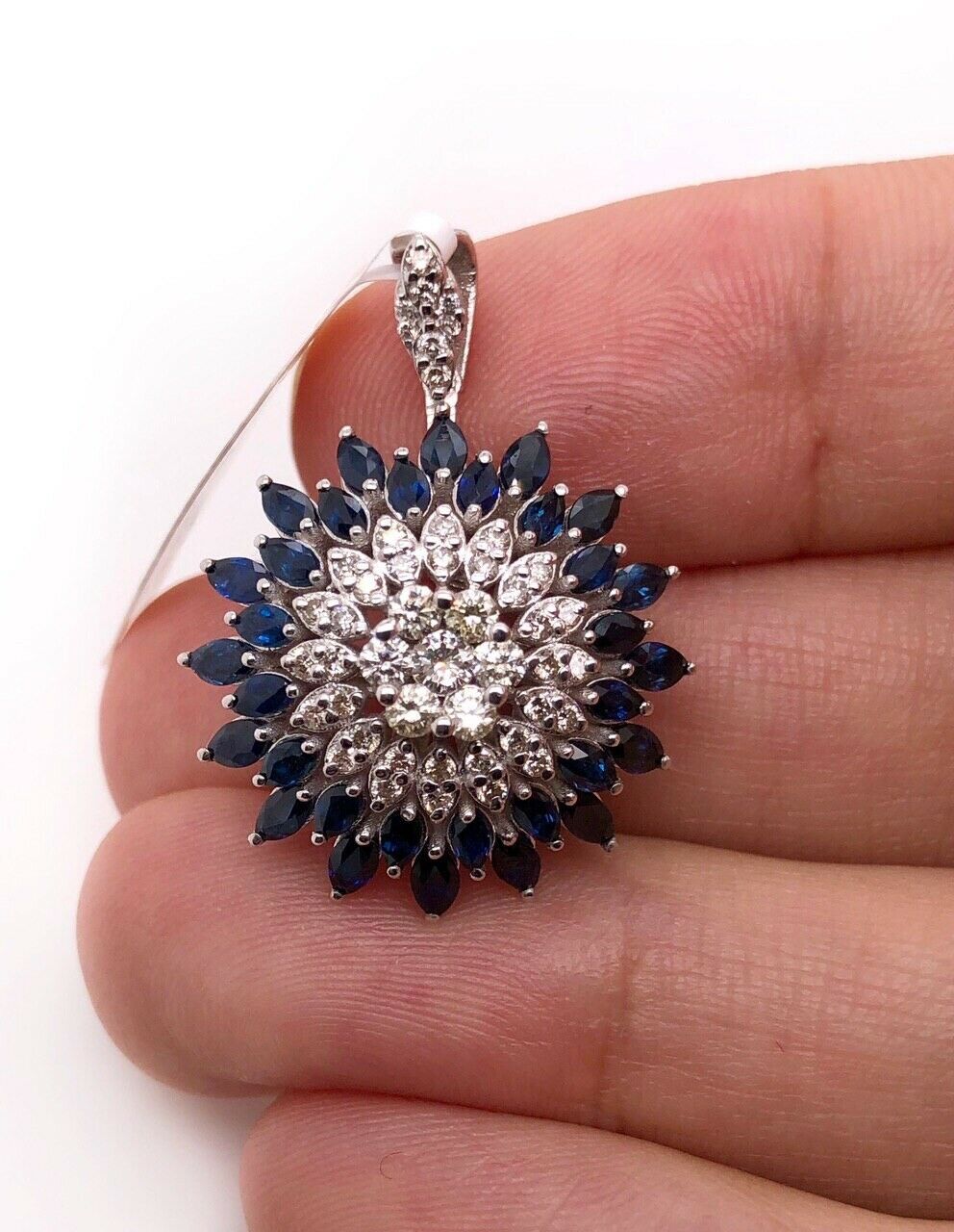 18k White Gold 3.2Ct Natural Marquise Sapphire & Diamond Wide Cluster Pendant