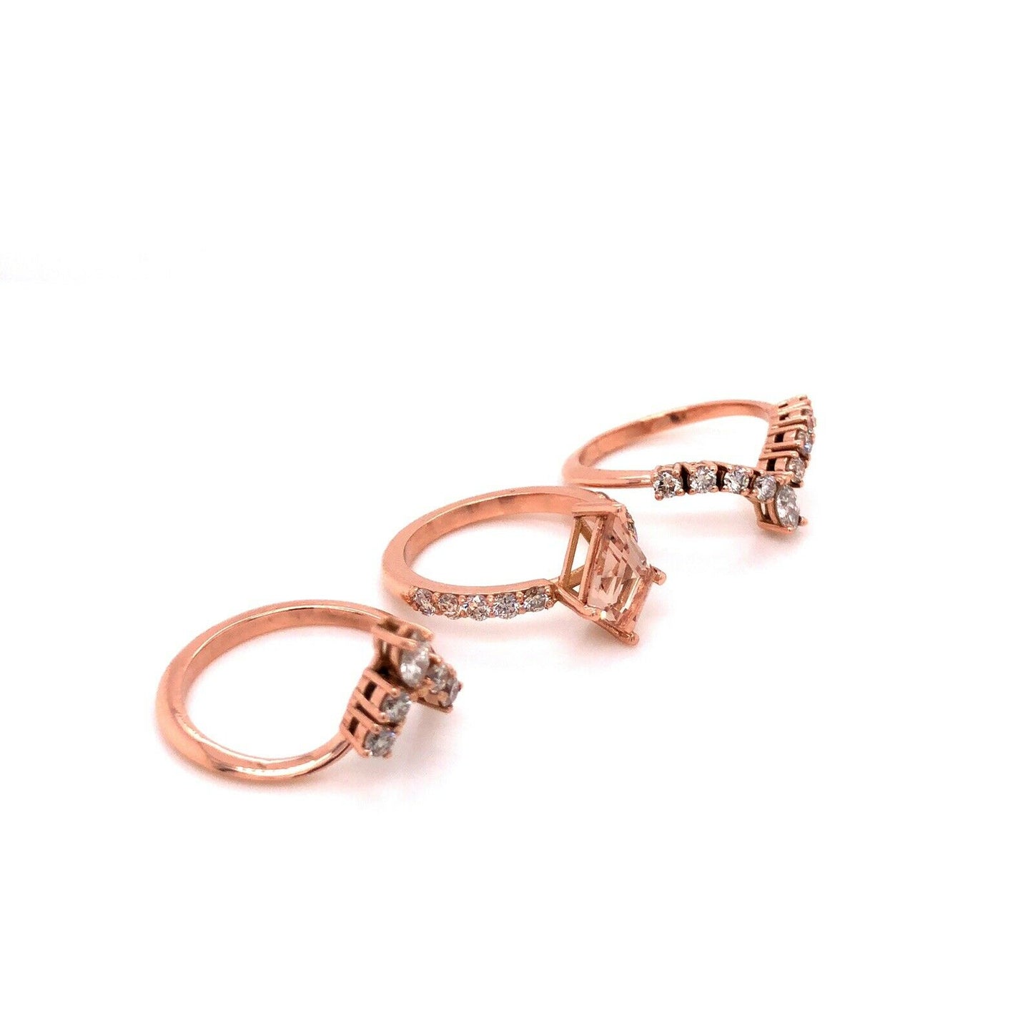 Engagement Ring 14k Rose Gold Kite Cut Morganite Ring Anniversary Bridal Set
