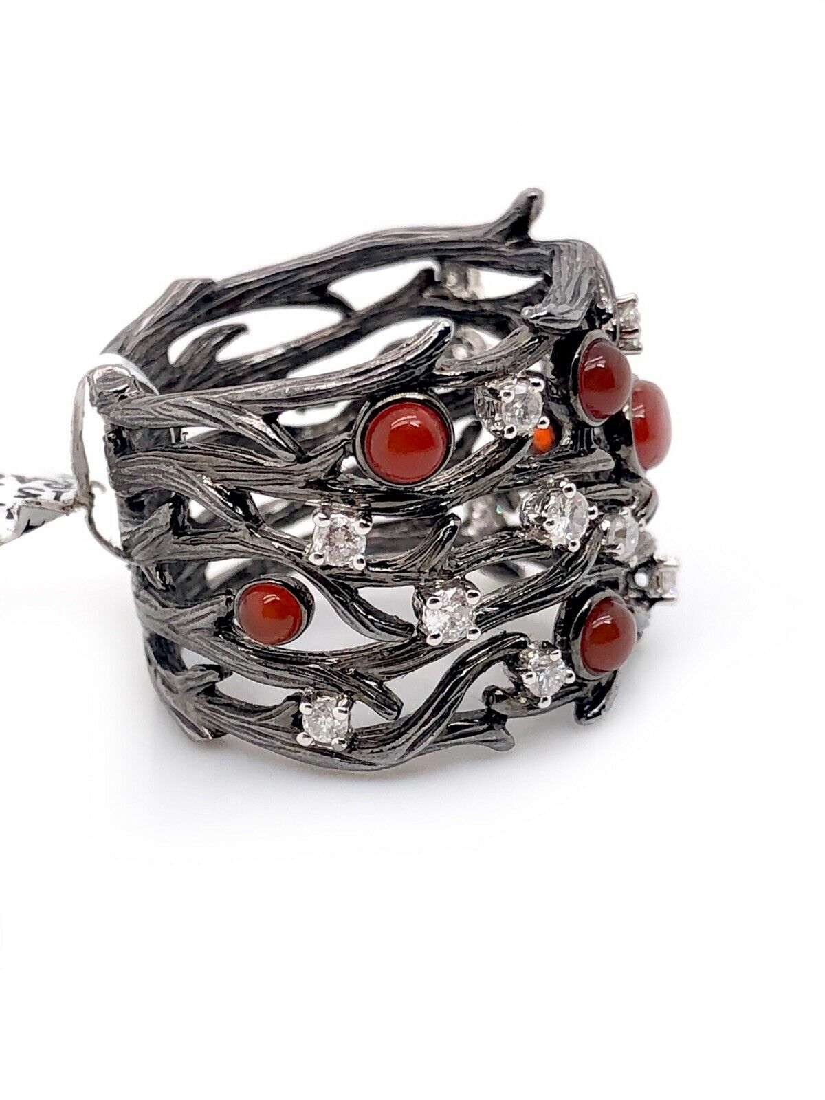 Solid 14k Black Gold Tree Branch Wood Logs Ring 1.39 Ct Natural Diamond & Agate