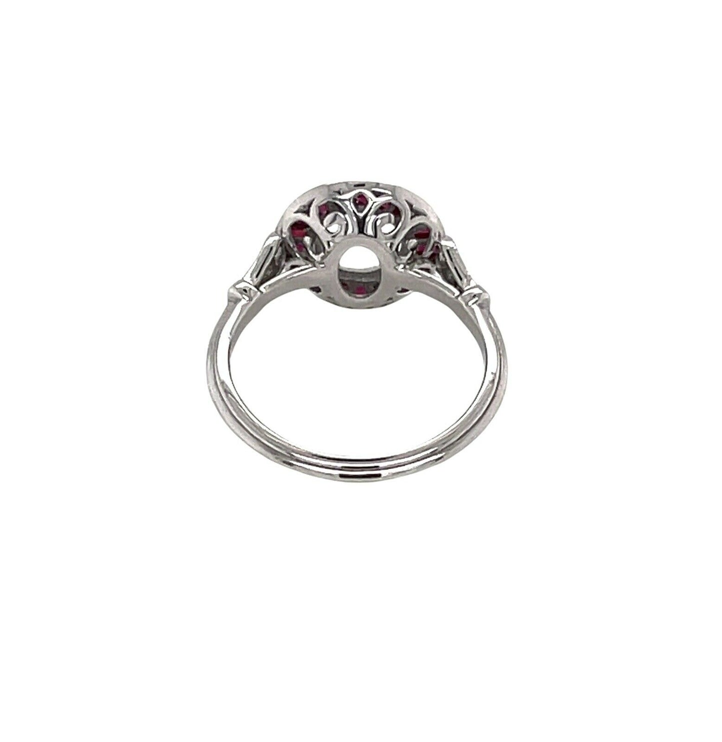 Art Deco 14K White Gold Semi Mount Ring Natural Ruby & Diamond 1 Ct Round
