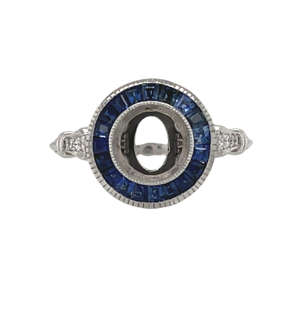Art Deco 14K White Gold Semi Mount Ring Natural Sapphire & Diamond 1 Ct Round