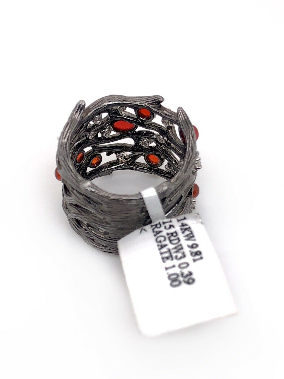 Solid 14k Black Gold Tree Branch Wood Logs Ring 1.39 Ct Natural Diamond & Agate