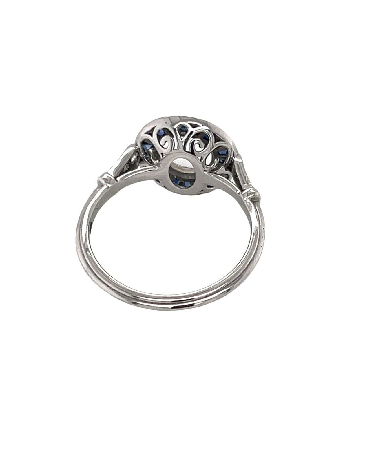 Art Deco 14K White Gold Semi Mount Ring Natural Sapphire & Diamond 1 Ct Round