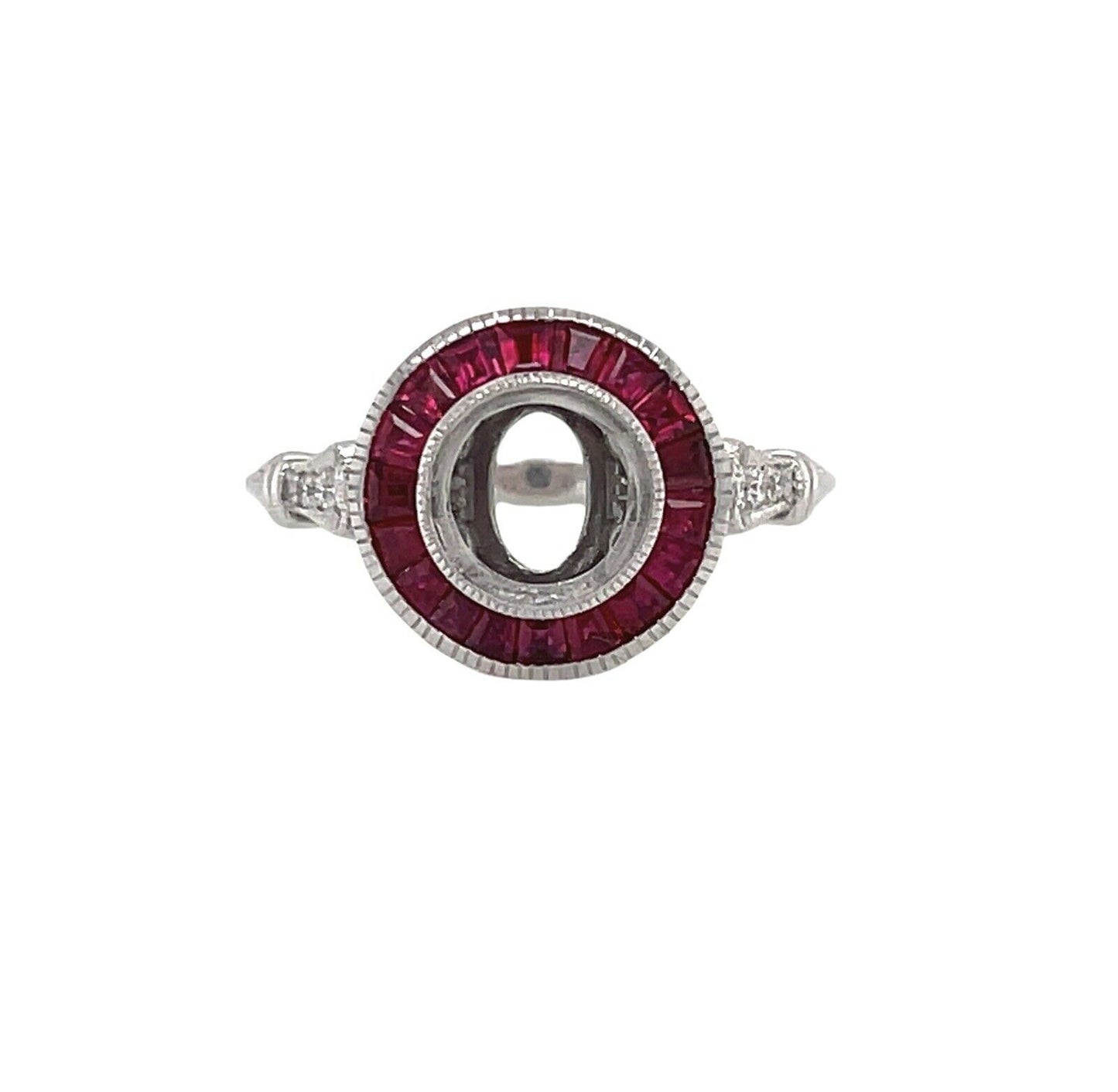 Art Deco 14K White Gold Semi Mount Ring Natural Ruby & Diamond 1 Ct Round