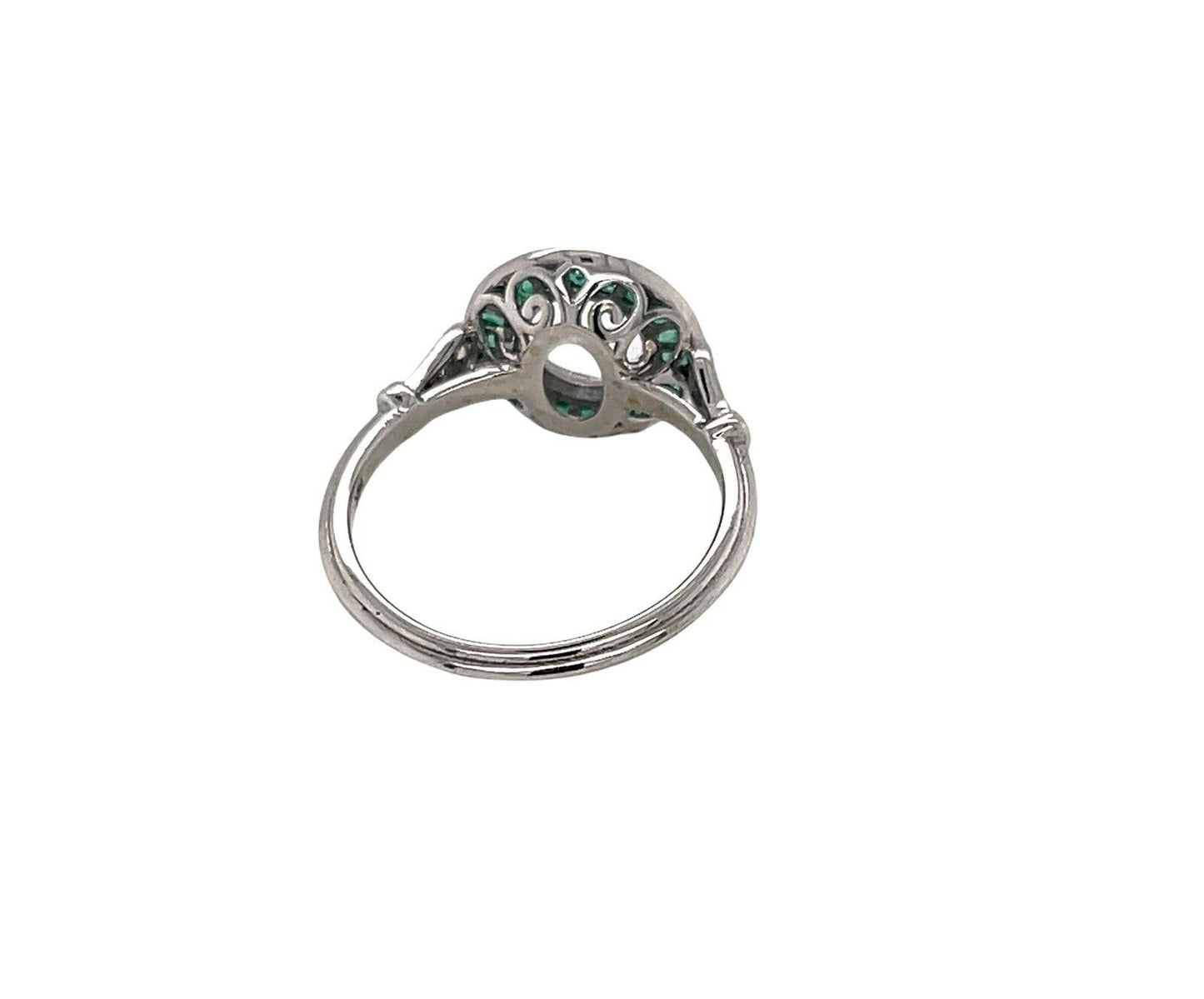 Art Deco 14K White Gold Semi Mount Ring Natural Emerald & Diamond 1 Ct Round