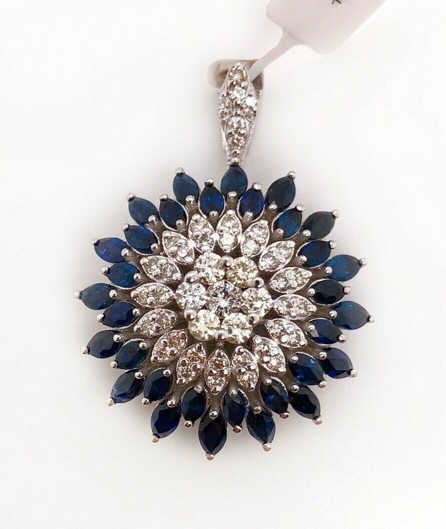 18k White Gold 3.2Ct Natural Marquise Sapphire & Diamond Wide Cluster Pendant