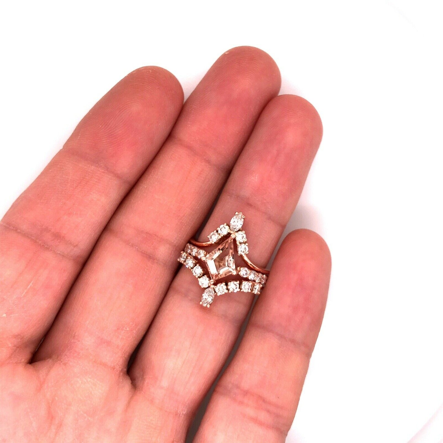 Engagement Ring 14k Rose Gold Kite Cut Morganite Ring Anniversary Bridal Set