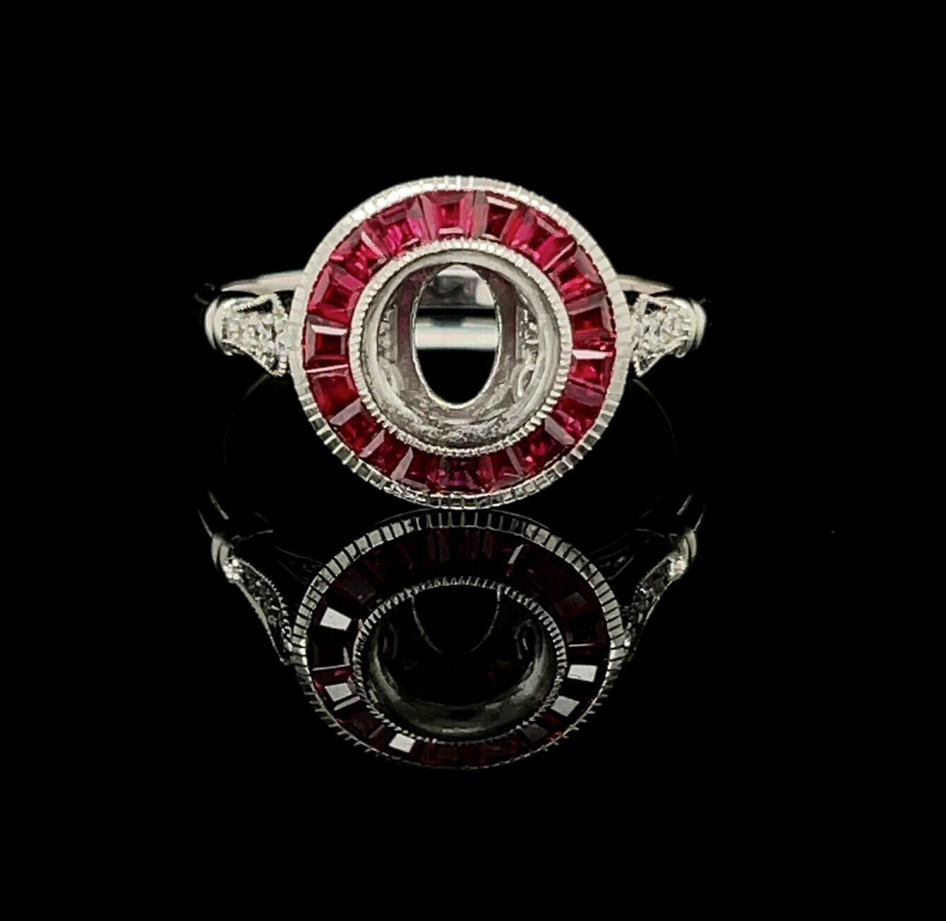 Art Deco 14K White Gold Semi Mount Ring Natural Ruby & Diamond 1 Ct Round