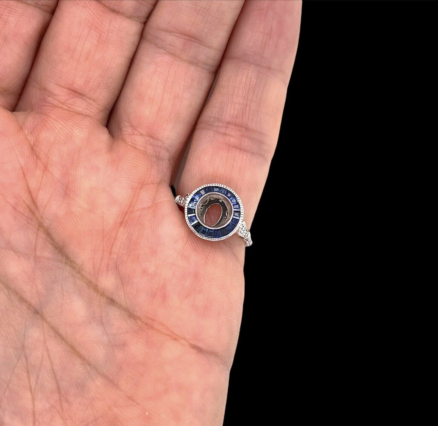 Art Deco 14K White Gold Semi Mount Ring Natural Sapphire & Diamond 1 Ct Round