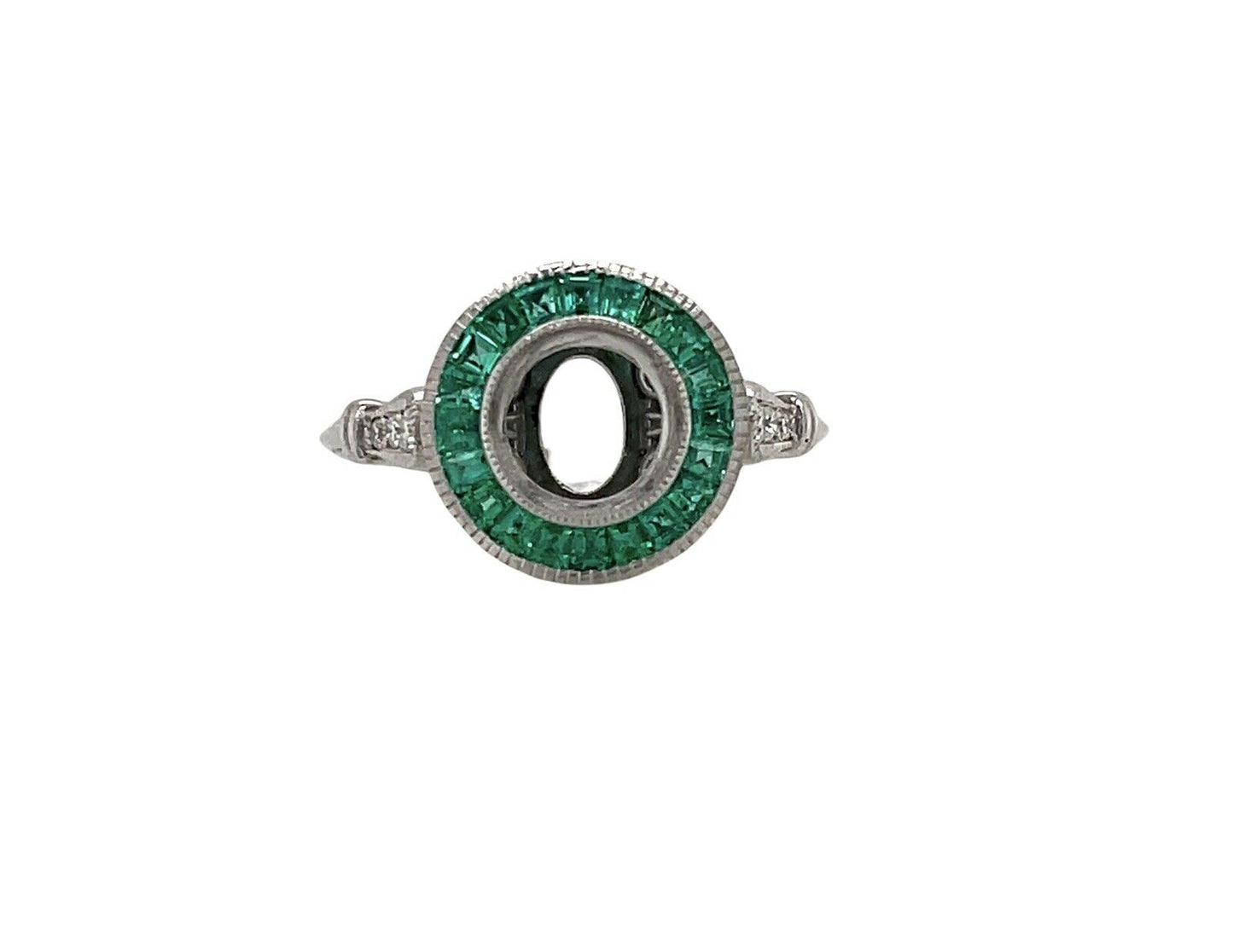 Art Deco 14K White Gold Semi Mount Ring Natural Emerald & Diamond 1 Ct Round