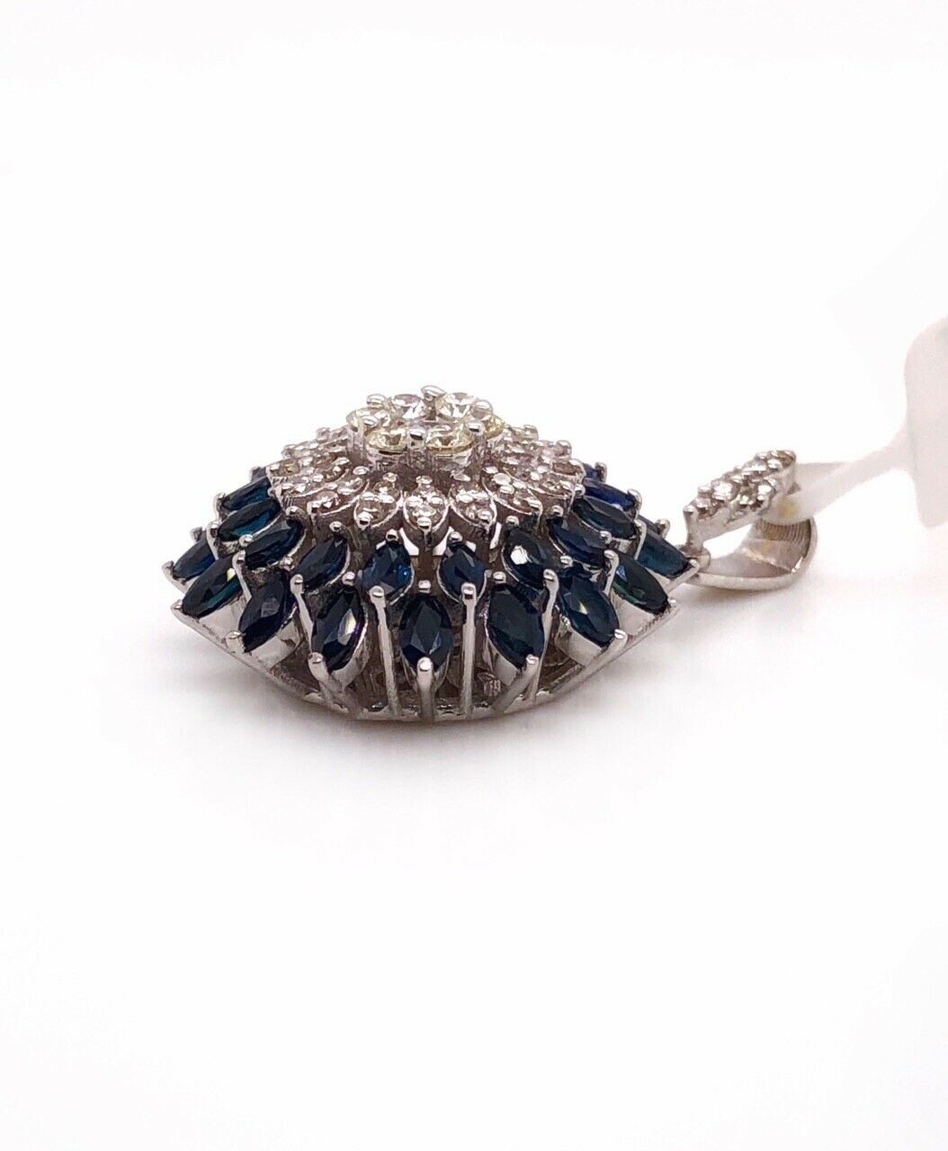 18k White Gold 3.2Ct Natural Marquise Sapphire & Diamond Wide Cluster Pendant