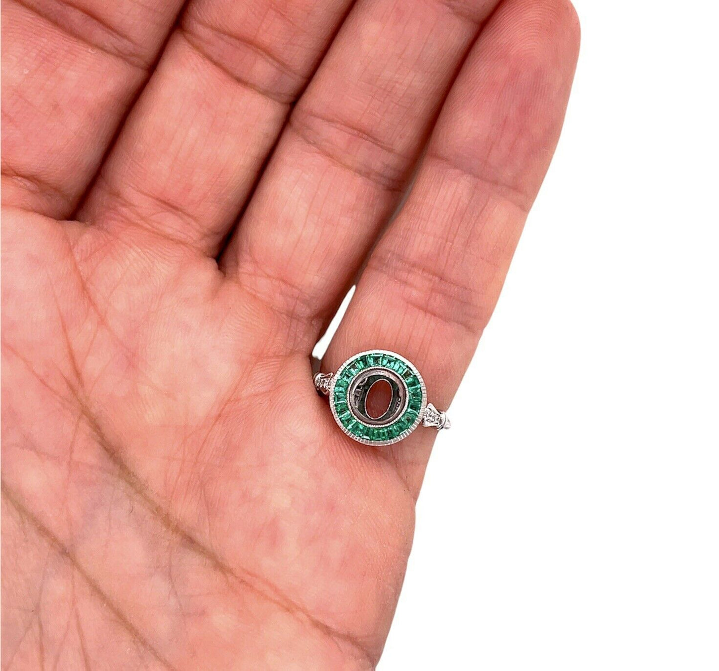 Art Deco 14K White Gold Semi Mount Ring Natural Emerald & Diamond 1 Ct Round