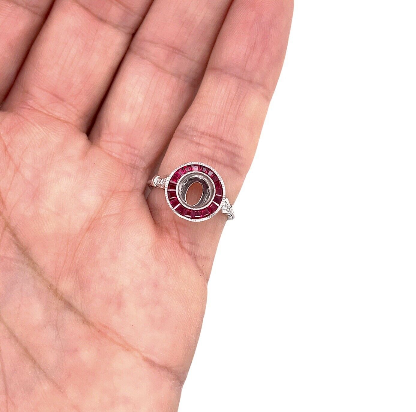 Art Deco 14K White Gold Semi Mount Ring Natural Ruby & Diamond 1 Ct Round