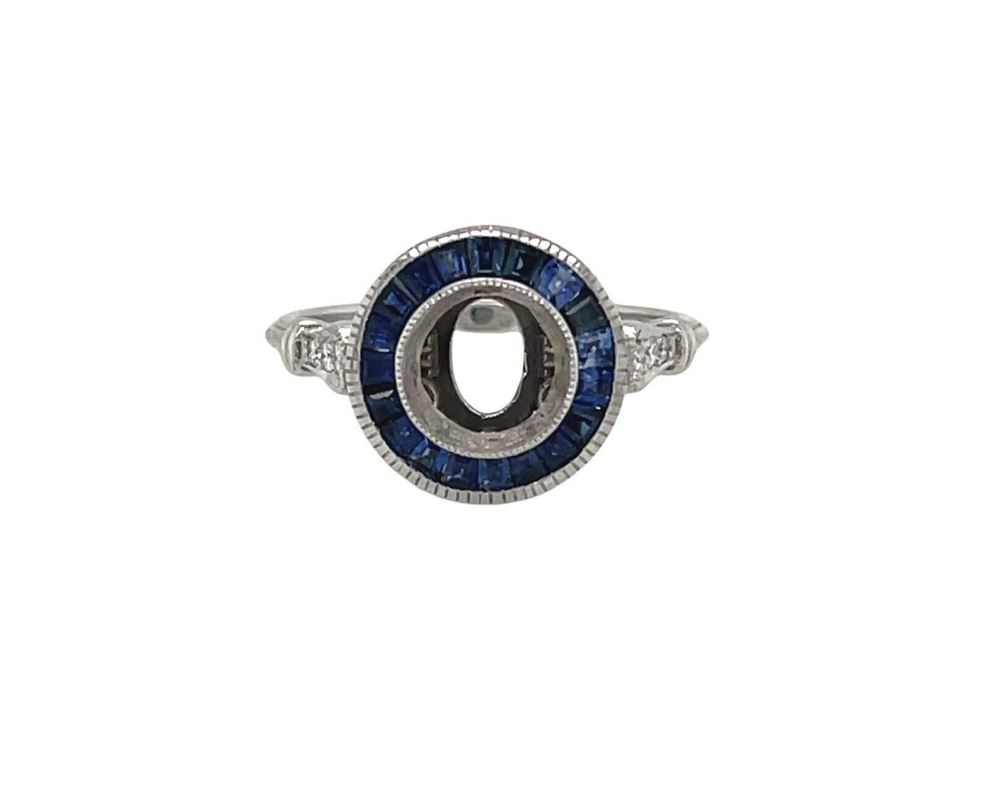Art Deco 14K White Gold Semi Mount Ring Natural Sapphire & Diamond 1 Ct Round