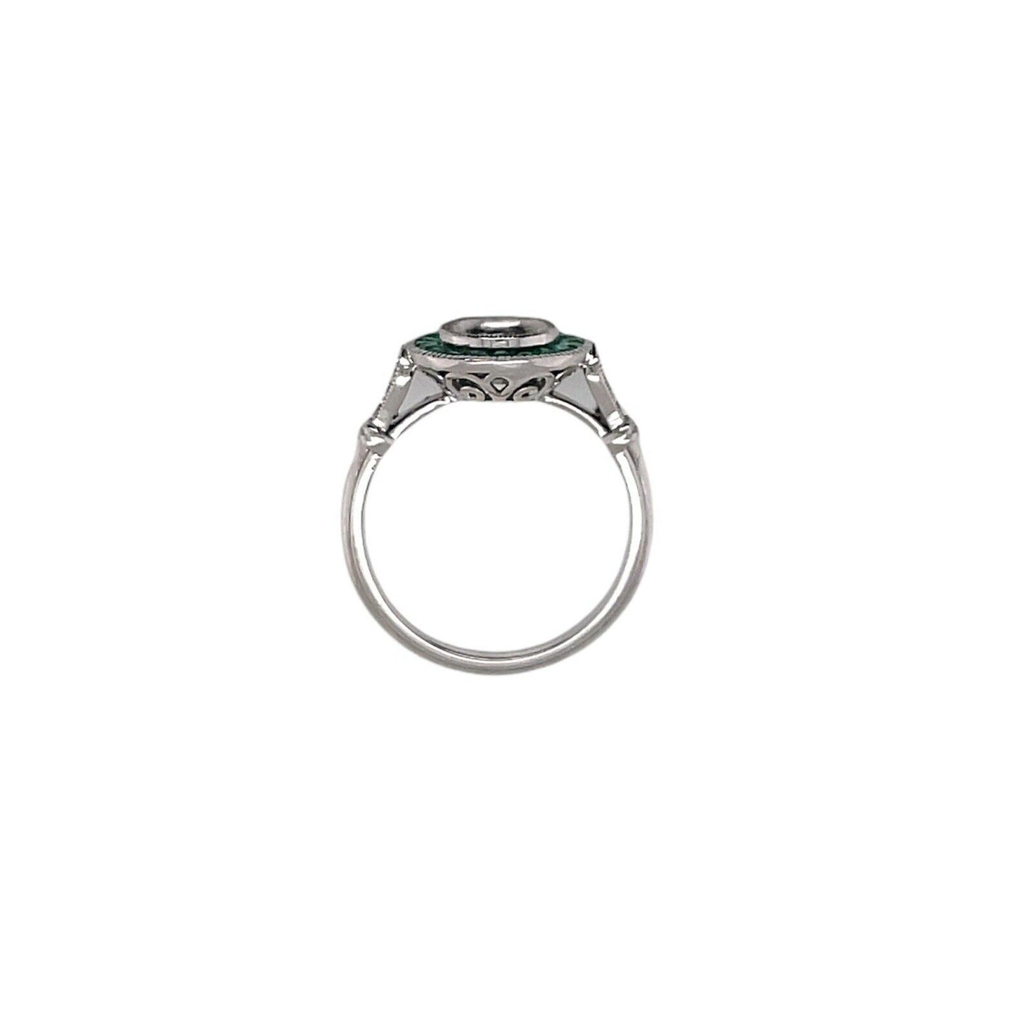 Art Deco 14K White Gold Semi Mount Ring Natural Emerald & Diamond 1 Ct Round