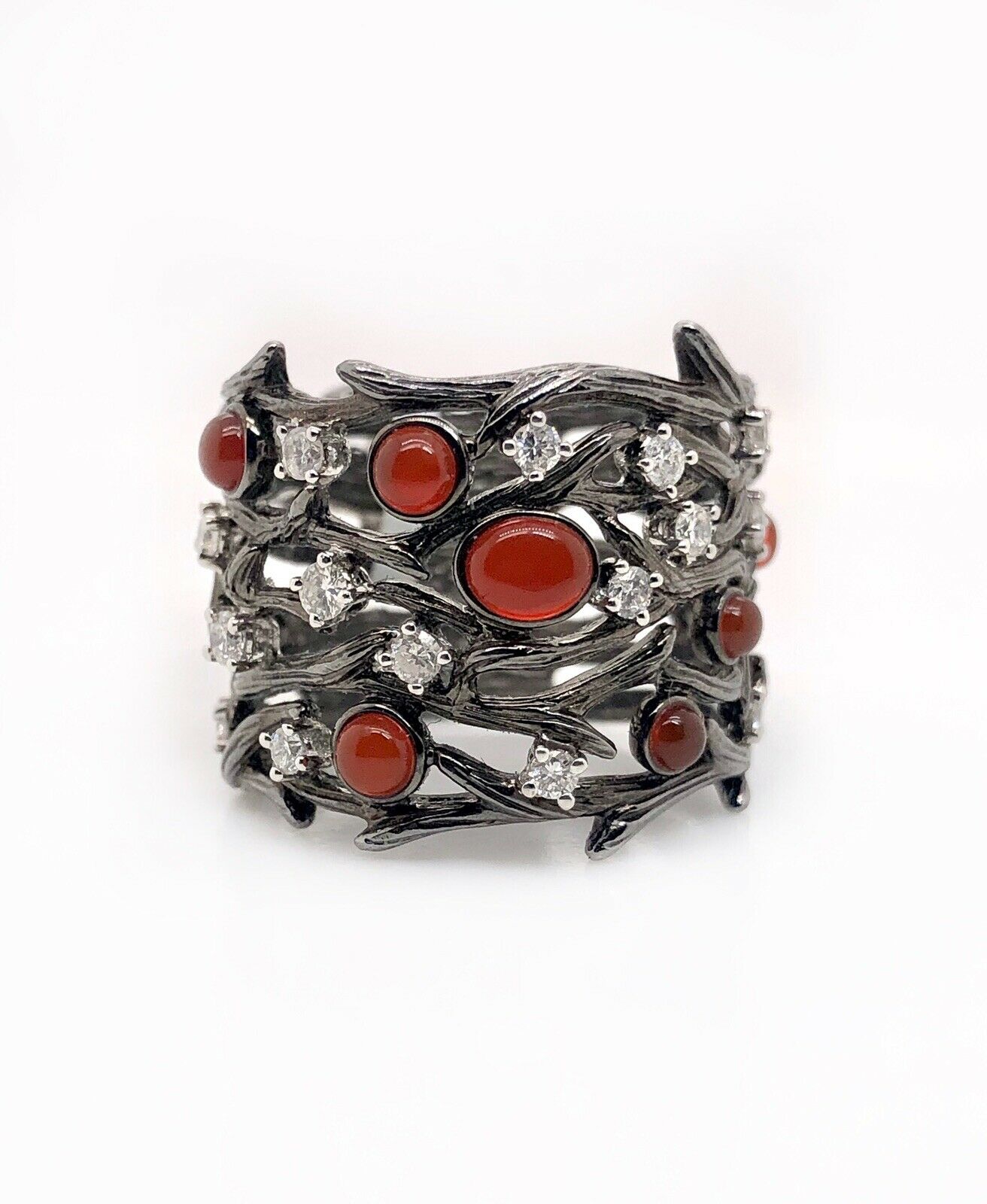 Solid 14k Black Gold Tree Branch Wood Logs Ring 1.39 Ct Natural Diamond & Agate