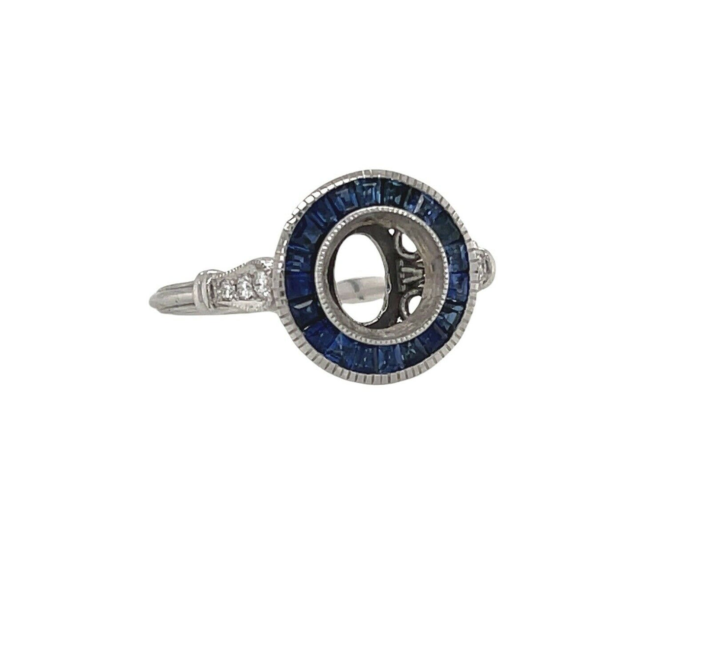 Art Deco 14K White Gold Semi Mount Ring Natural Sapphire & Diamond 1 Ct Round