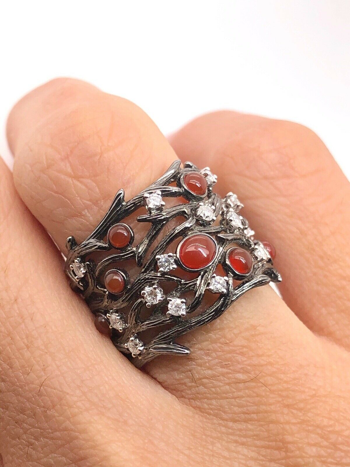 Solid 14k Black Gold Tree Branch Wood Logs Ring 1.39 Ct Natural Diamond & Agate