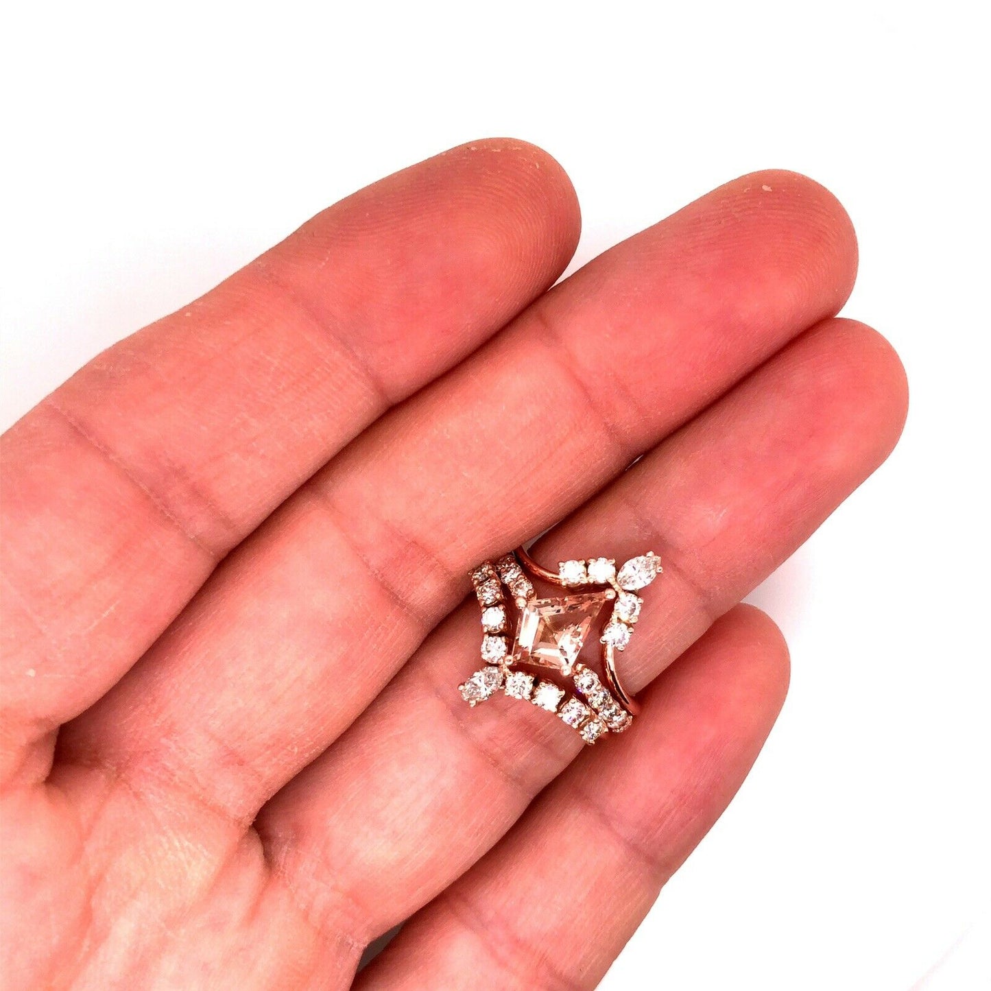 Engagement Ring 14k Rose Gold Kite Cut Morganite Ring Anniversary Bridal Set