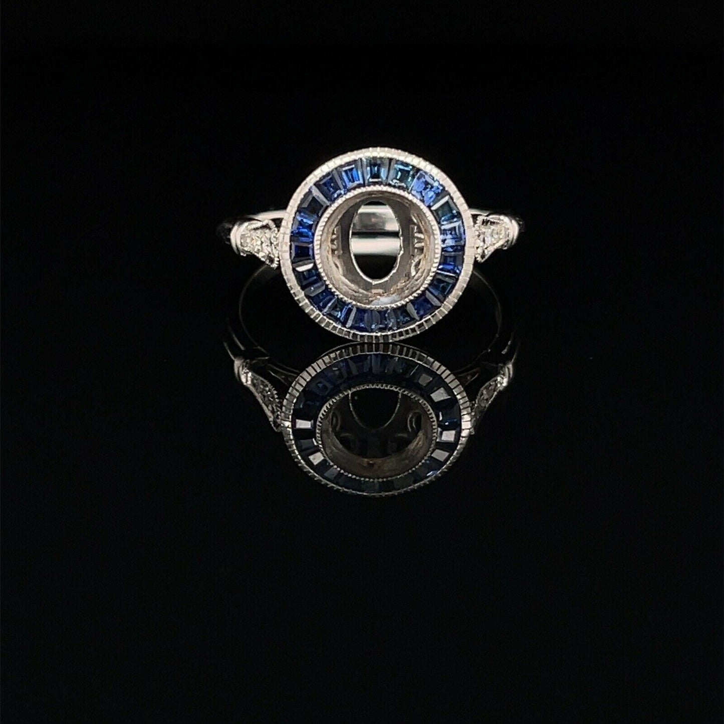 Art Deco 14K White Gold Semi Mount Ring Natural Sapphire & Diamond 1 Ct Round