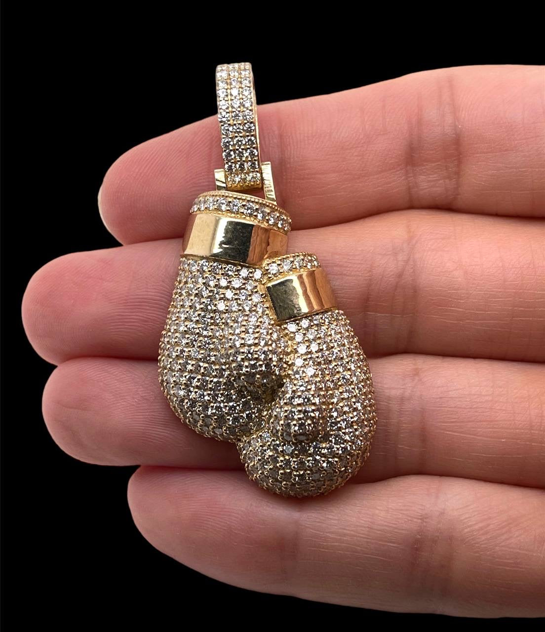 Mens 14k Solid Yellow Gold 5 TCW Natural Diamond Boxing Gloves Pendant VS2