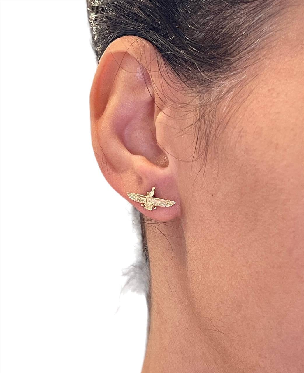 18k Yellow Gold Farvahar Ahura Zoroastrian Achaemenid Stud Earrings