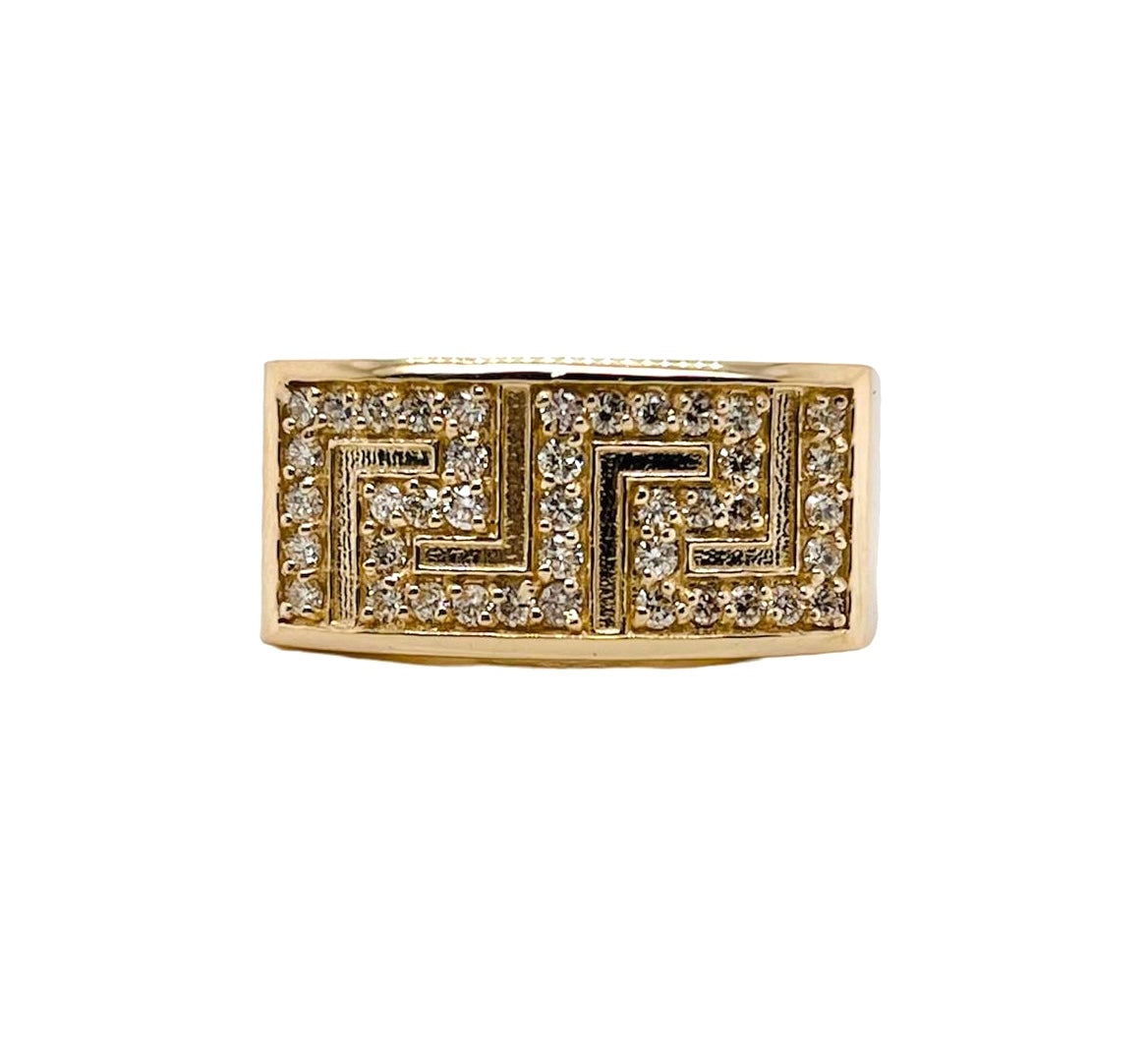 14K Solid Yellow Gold 0.52 Ct Natural Diamond Mens Greek Key Ring