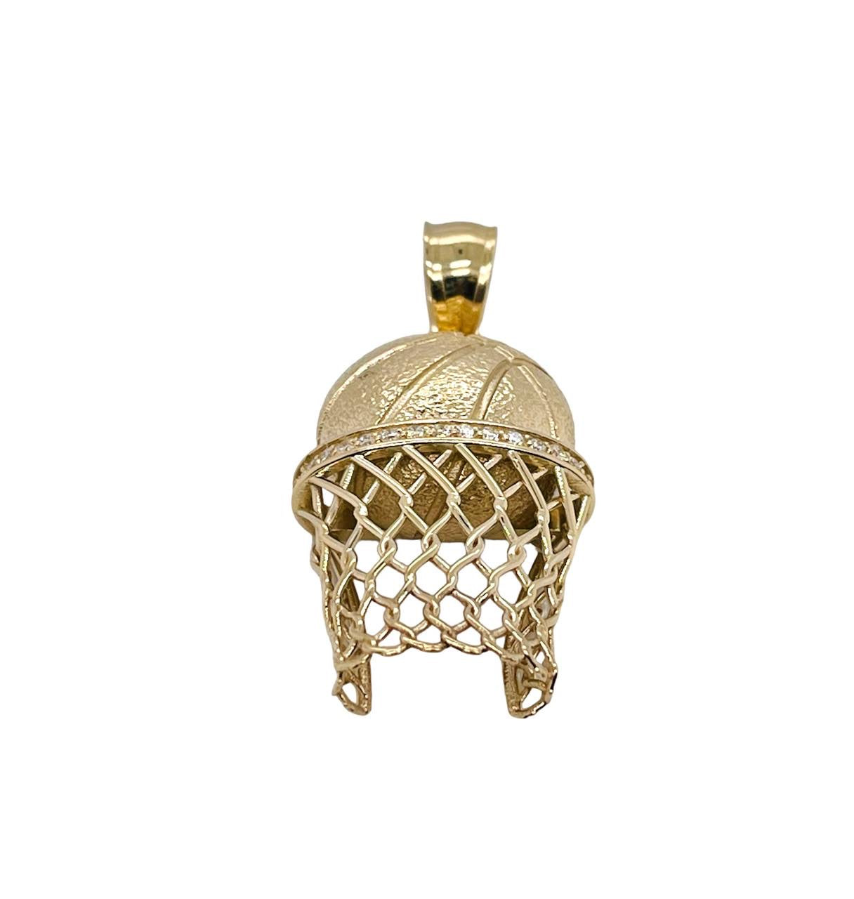 Mens 14K Yellow Gold Basketball Hoop 0.30 Ct Natural Diamond Charm Pendant 1.5"