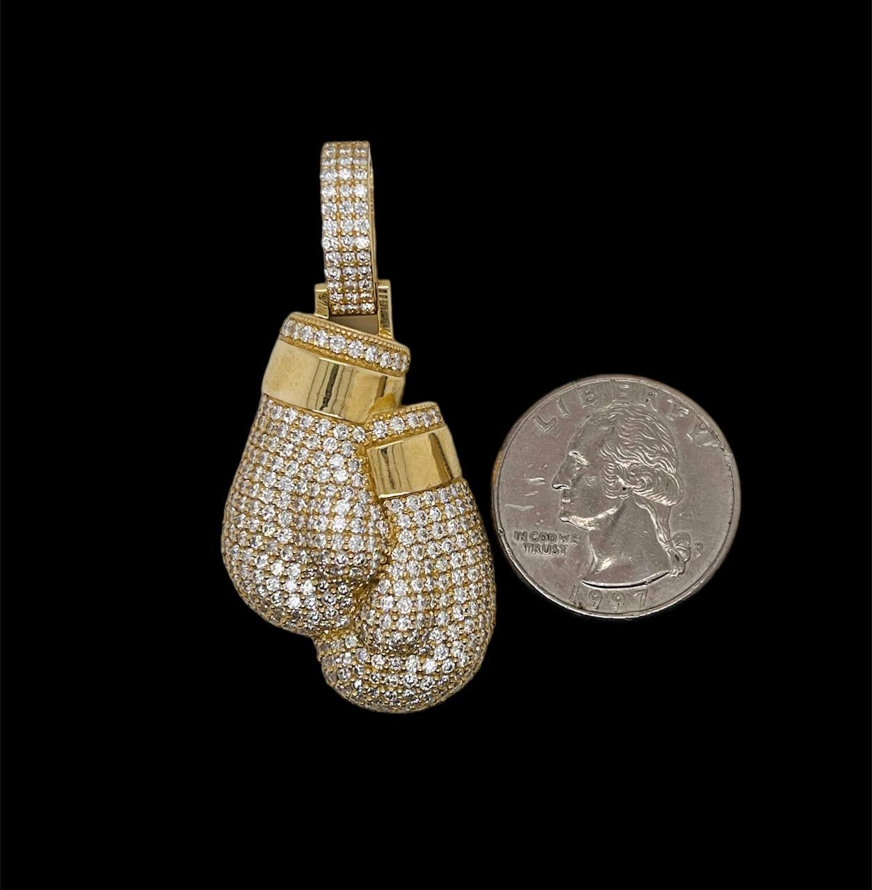 Mens 14k Solid Yellow Gold 5 TCW Natural Diamond Boxing Gloves Pendant VS2