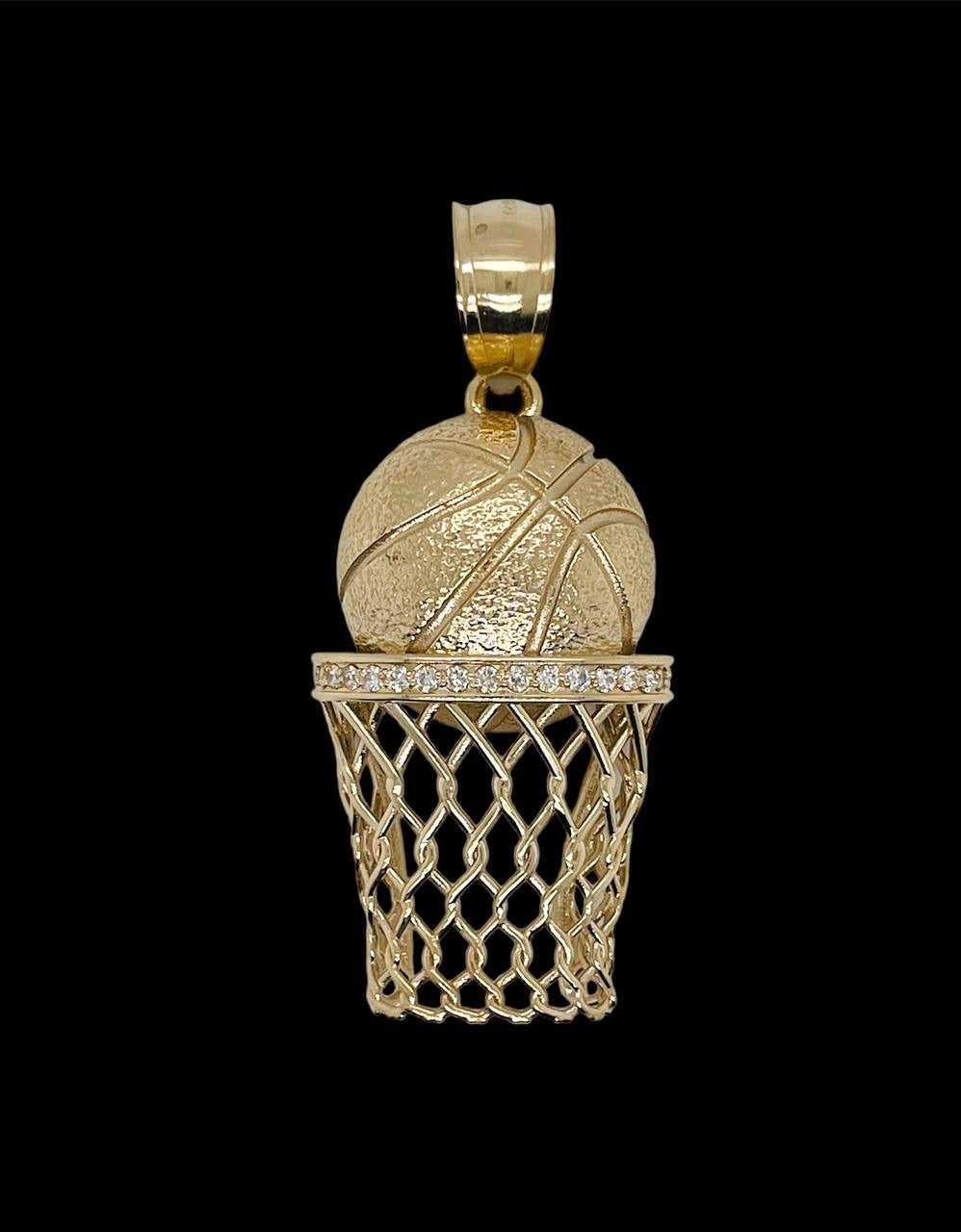 Mens 14K Yellow Gold Basketball Hoop 0.30 Ct Natural Diamond Charm Pendant 1.5"
