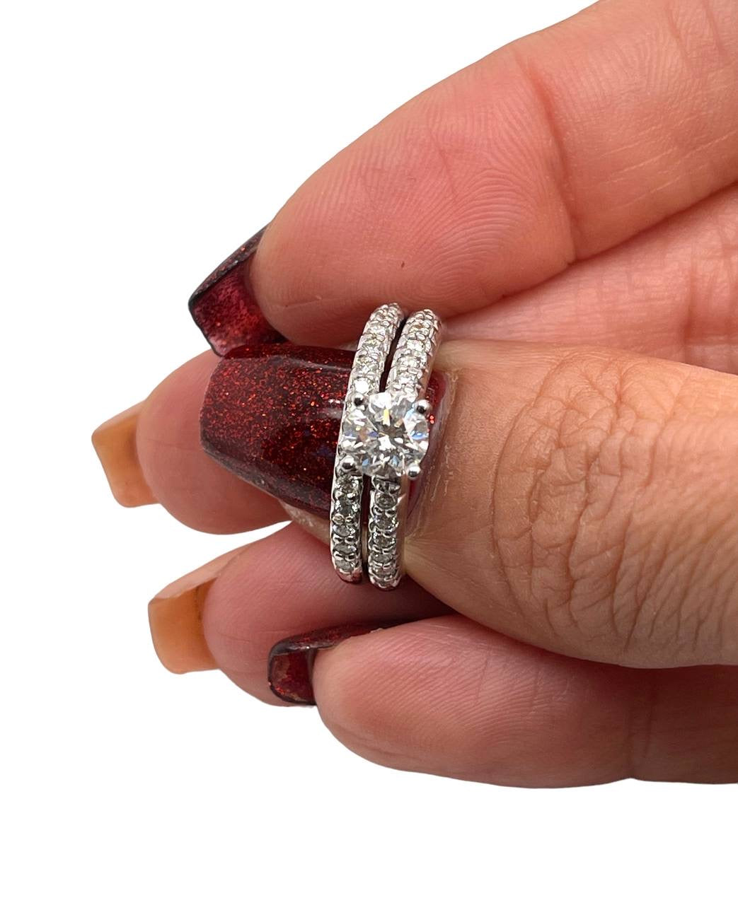 18K White Gold 1.20 tcw Natural Round Diamond Engagement Ring & Wedding Band