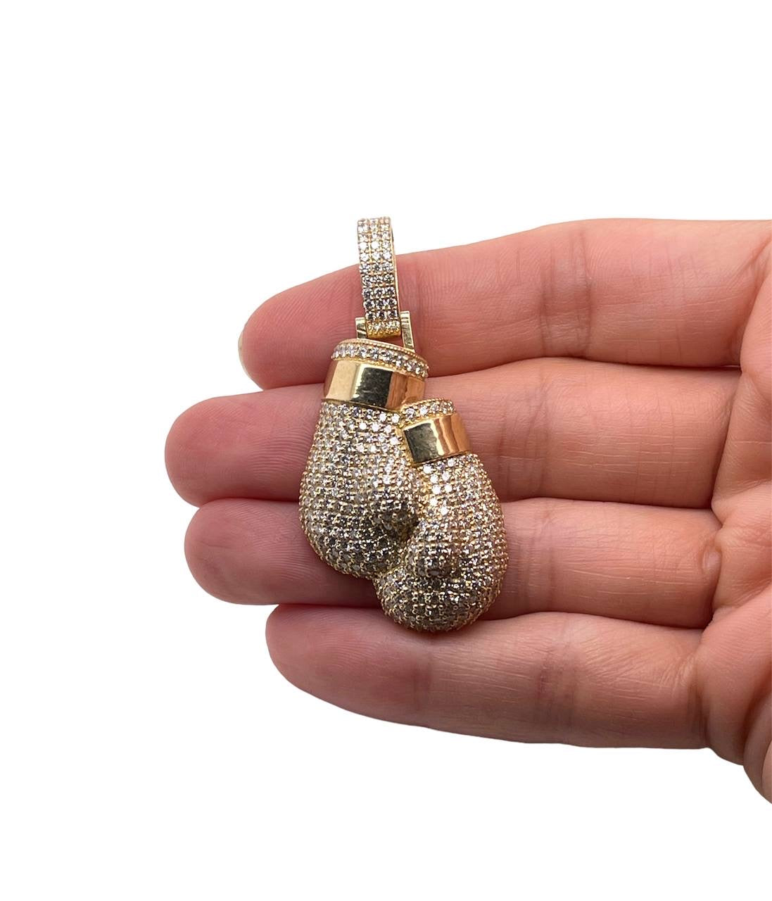 Mens 14k Solid Yellow Gold 5 TCW Natural Diamond Boxing Gloves Pendant VS2