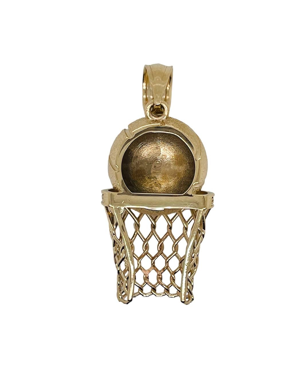 Mens 14K Yellow Gold Basketball Hoop 0.30 Ct Natural Diamond Charm Pendant 1.5"