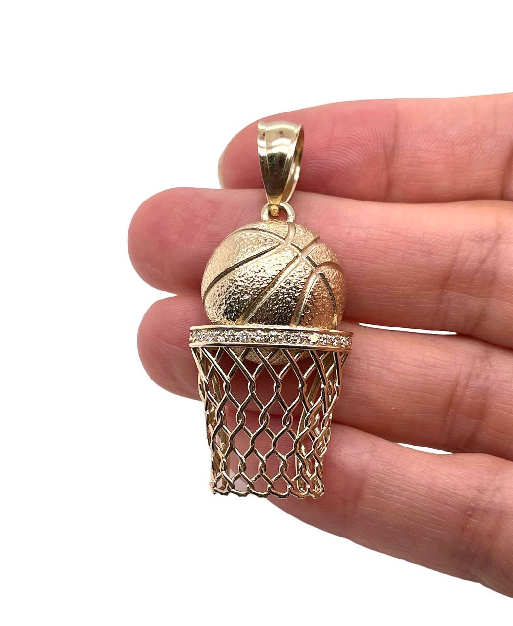Mens 14K Yellow Gold Basketball Hoop 0.30 Ct Natural Diamond Charm Pendant 1.5"