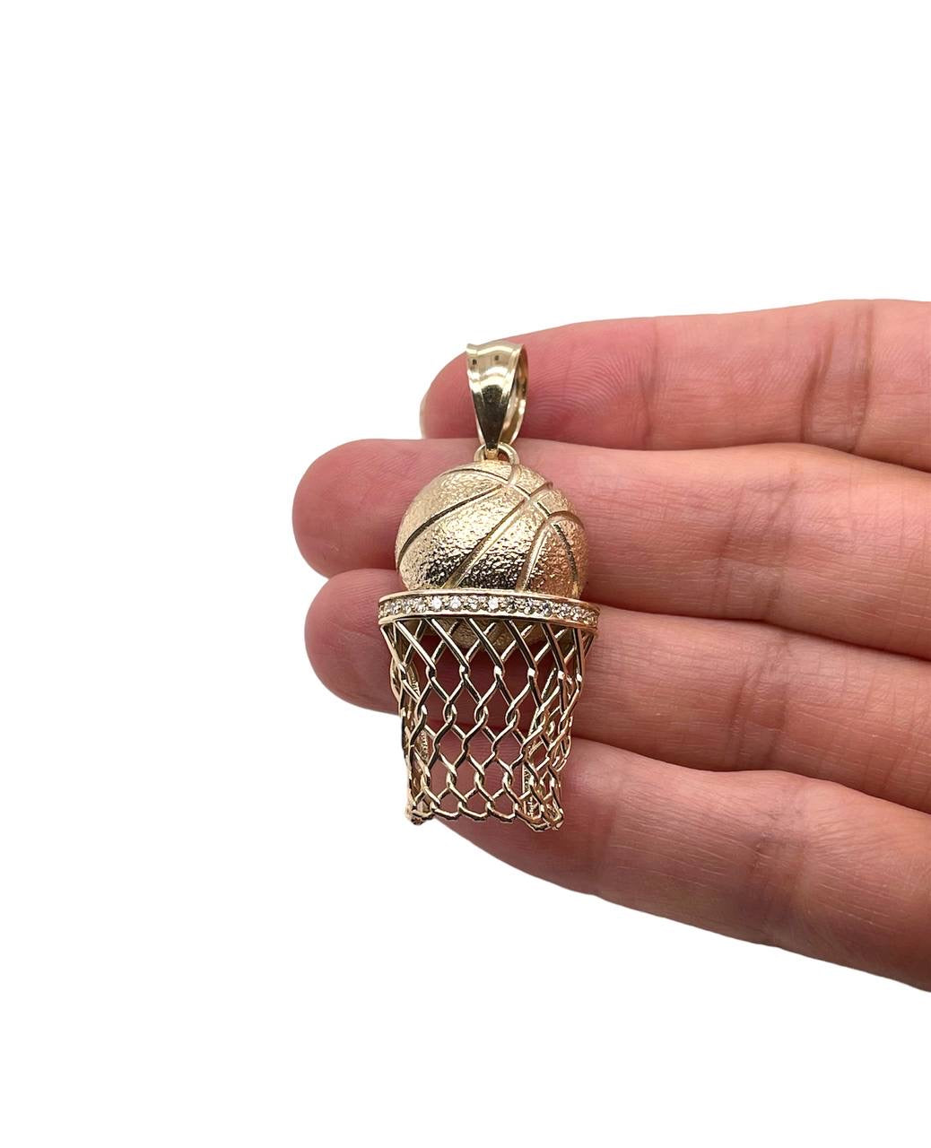Mens 14K Yellow Gold Basketball Hoop 0.30 Ct Natural Diamond Charm Pendant 1.5"