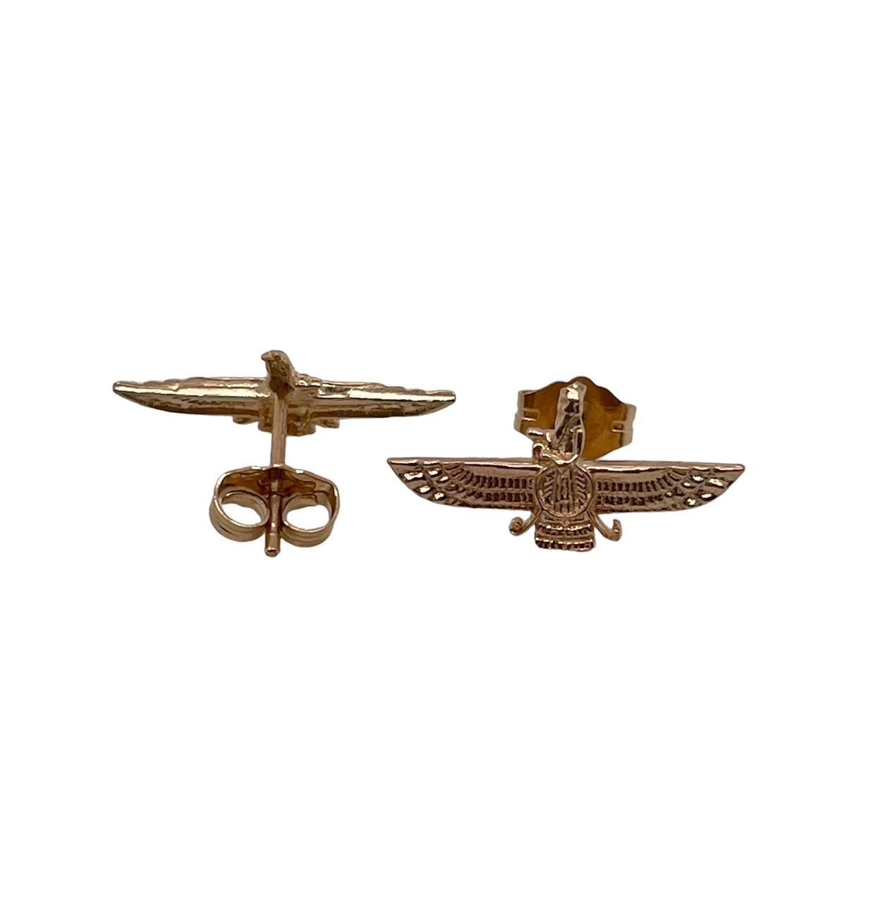 18k Yellow Gold Farvahar Ahura Zoroastrian Achaemenid Stud Earrings