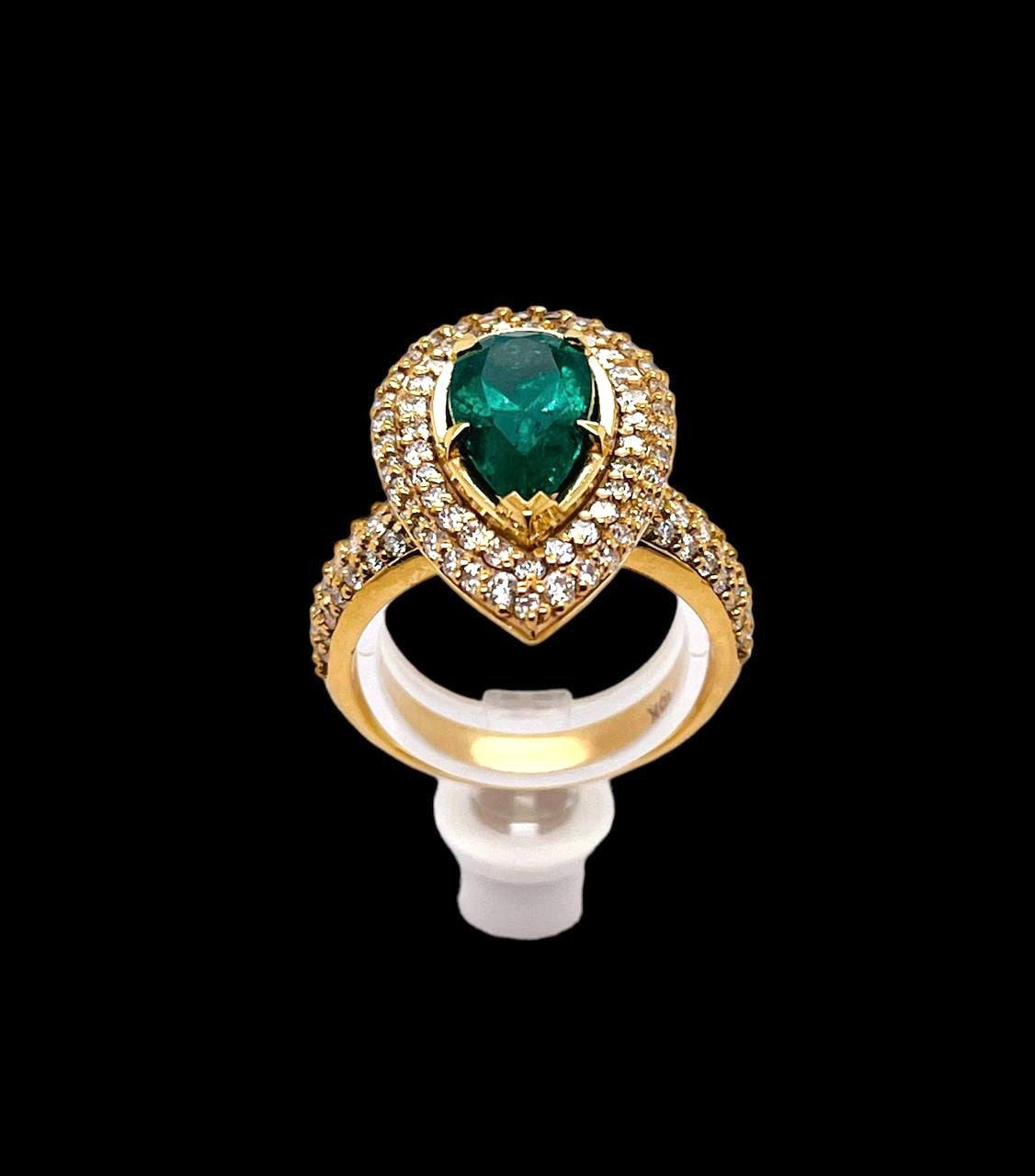 GIA Certified 3.24 tcw Natural Pear Colombian Emerald and Diamond 18k Gold Ring