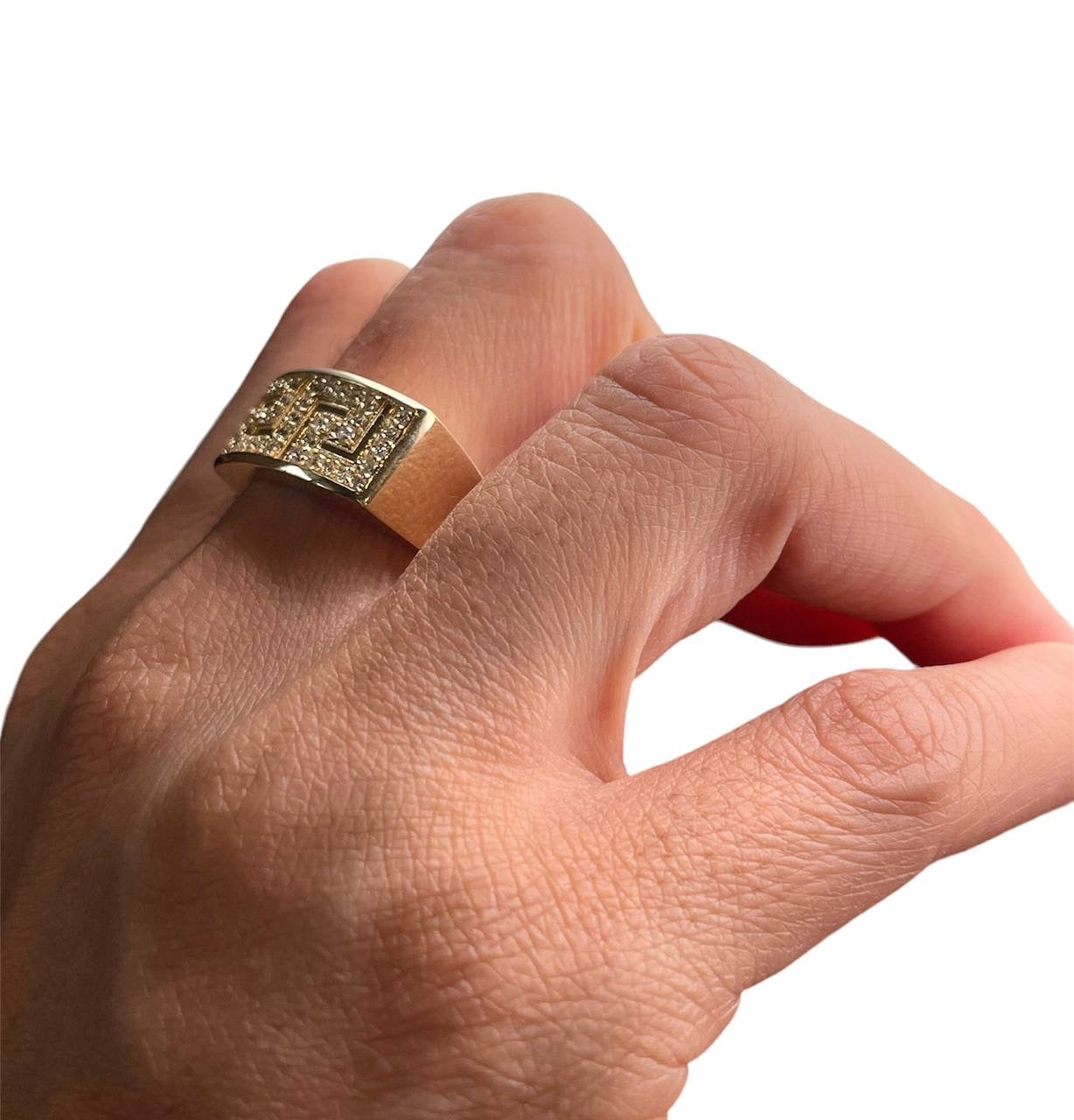 14K Solid Yellow Gold 0.52 Ct Natural Diamond Mens Greek Key Ring