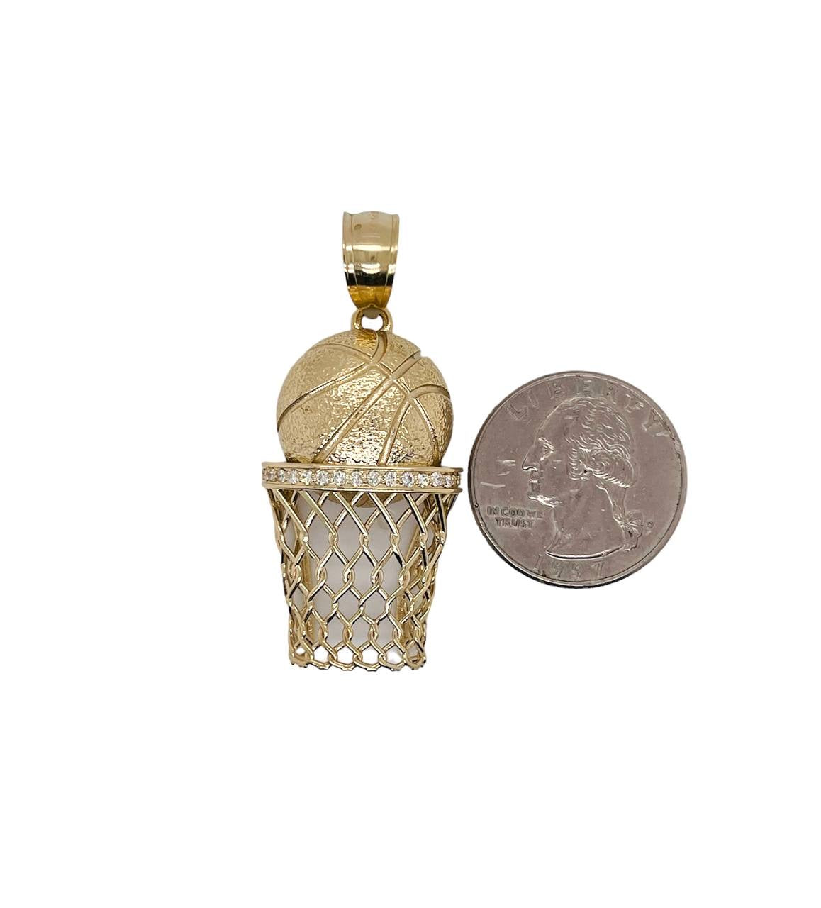 Mens 14K Yellow Gold Basketball Hoop 0.30 Ct Natural Diamond Charm Pendant 1.5"