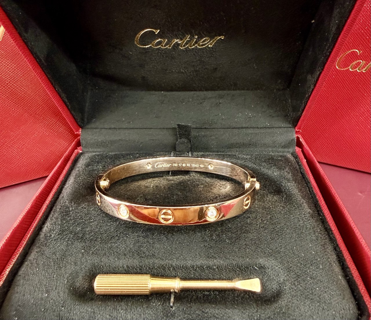 Cartier Love Bracelet 4 Diamonds 18k Rose Gold Size 17
