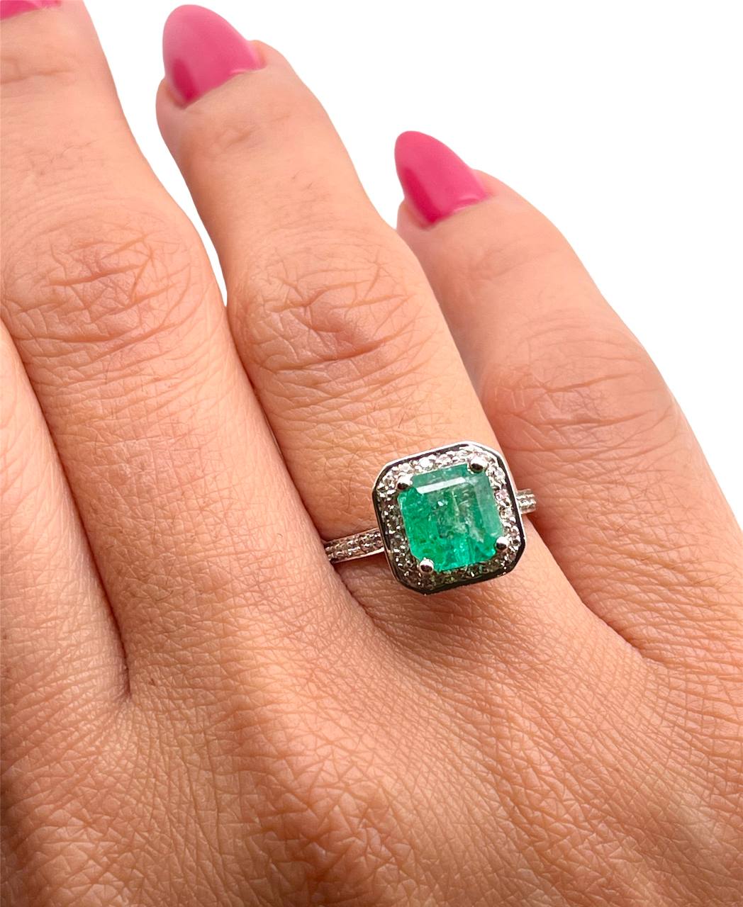 14k Solid White Gold Natural Diamond & Green Emerald Halo Ring 2.21 TCW