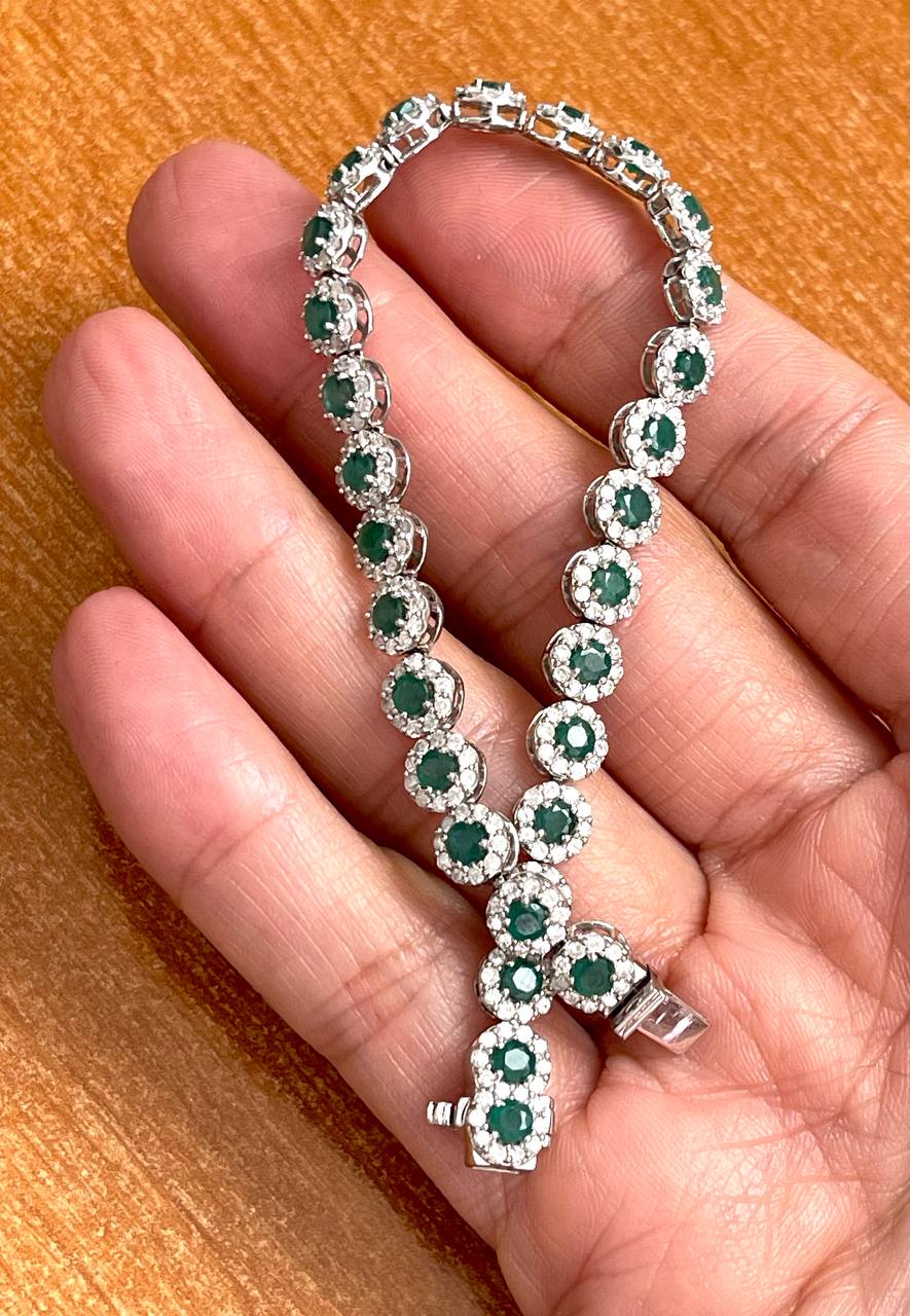 14K White Gold Natural Diamond and Emerald Cluster Tennis Bracelet 7.5"
