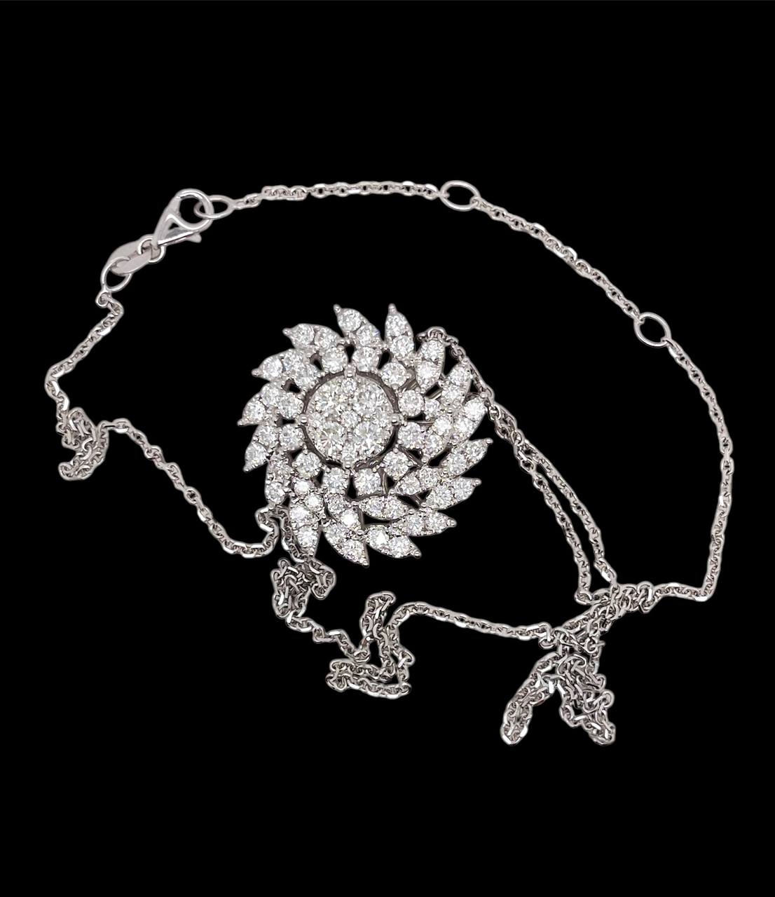 14k Solid White Gold Natural Diamond Round Spiral Pendant Necklace