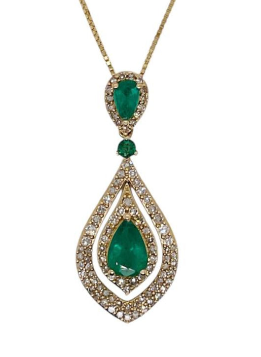 14k Yellow Gold 1.60 TCW Natural Diamond and Emerald Pear Pendant Chain Necklace